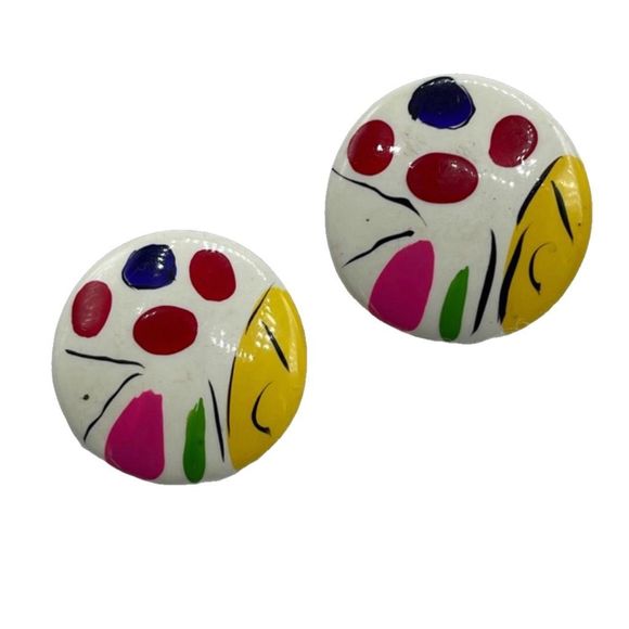 Vintage hand painted button wearable art earrings - Picture 1 of 8